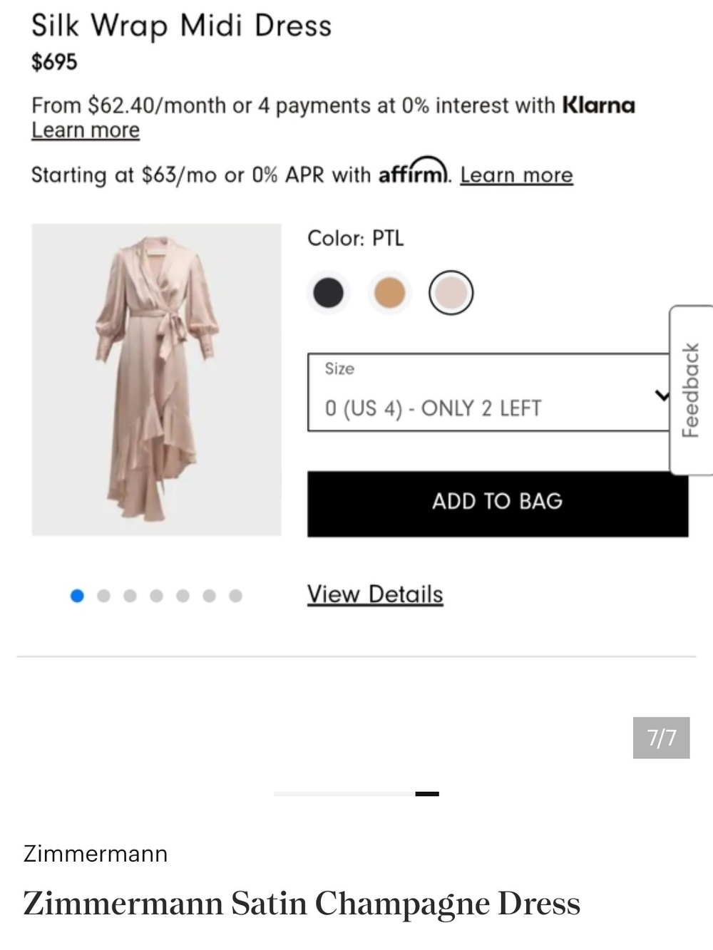 Zimmermann Champagne Satin High-Low Wrap Dress